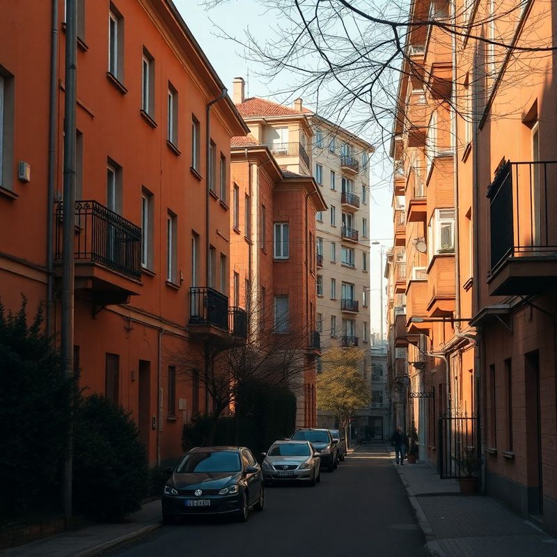 Stradă rezidențială din Galați cu fațade de apartamente în tonuri ocru și terracota
