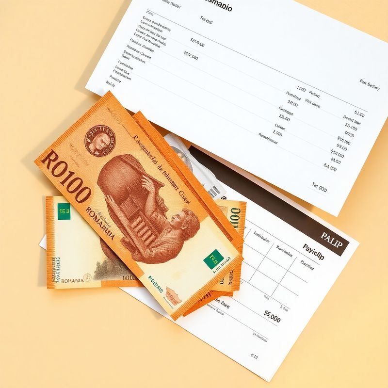 Bancnote românești și un fluturaș de salariu pe un birou crem